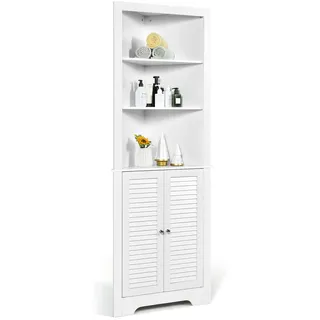 Fantask Hochschrank Badschrank Holz, Badezimmerschrank Ecke mit 3 offenen Regalen & 2 Lamellentür, Aufbewahrungsschrank, Eckschrank Bad für Badezimmer, Küche & Wohnzimmer, 45 x 45 x 173cm (weiß)