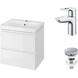 VBChome Badmöbel 50 cm Weiß mit GROHE Armatur Chrom und Pop-up ventil Waschbecken mit Unterschrank 2-Schubladen Hängeschrank GROHE Armatur 23337001 - Weiß