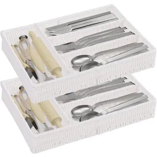 Ibenzoa® Geflochtener Besteck-Organizer aus Papierseil mit Eisenrahmen, Weiß, 35 x 25 x 5,5 cm, 2 Stück – Besteckkasten für Schubladen & Küchenaufbewahrung - Weiß