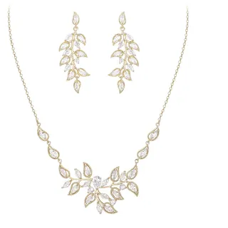 Clearine Blatt Cluster Schmuckset Brautschmuck Set Zirkonia Anhänger Halskette und Tropfen Ohrringe für Hochzeit Party Klar Gold Tone