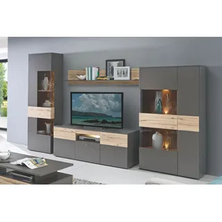 Forte Como Wohnwand 320, Moderne Wohnwand mit 5 Türen, 1 Schublade, Schrankwand, Holzwerkstoff, Uni Wolfram Grau/Stabeiche Holzdekor, 319,3 cm breit x 203,3 cm hoch x 52 cm tief