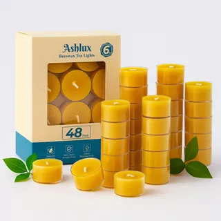 Ashlux Bienenwachskerzen – 48 Stück, 100% reines Bienenwachs Teelichter, 6 Stunden Brenndauer, Rauchfrei & Tropffrei, Gelb, für Hochzeit, Party und Zuhause