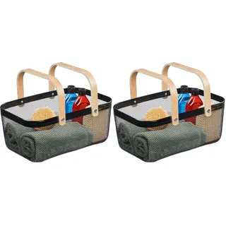 Relaxdays Drahtkorb mit Henkel, eckig, Aufbewahrungskorb Metall & Holz, Utensilienkorb Küche, Bad, Wohnzimmer, schwarz (Packung mit 2)