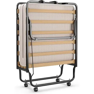 FANTASK 80x200cm Faltbares Faltbett mit Matratze aus Rückstellschaum in Beige, Gästebett Klappbar auf Rädern, Klappbett mit stabilem Stahlrahmen bis 120kg