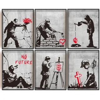 INFUNLY 6 Stück Banksy Kunstdrucke Ungerahmt - Leinwanddrucke Wandkunst Graffiti Straßenwandkunst Poster Mit Inspirierenden Zitaten - Straßenleinwand Für Wohnzimmer Schlafzimmer Heimdeko