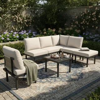 Flieks Gartenlounge Set 6 Sitzer, Gartenmöbelsets mit Eisenrahmen, Gartentisch mit Gartensofa für 6 Personen, Terassenmöbel Balkonmöbel Set, Beige - Beige