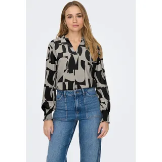Blusenshirt ONLY "ONLMETTE V-NECK LS SMOCK TOP NOOS WVN", Damen, Gr. L, moonbeam aop:upscale geo, Web, Obermaterial: 100% Polyester, bedruckt, regular fit normal, V-Ausschnitt, gesmokt, Shirts Blusenshirt