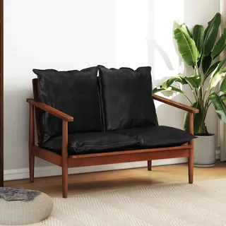 vidaXL 2-Sitzer-Sofa Schwarz Echtleder und Massivholz Akazie - Schwarz