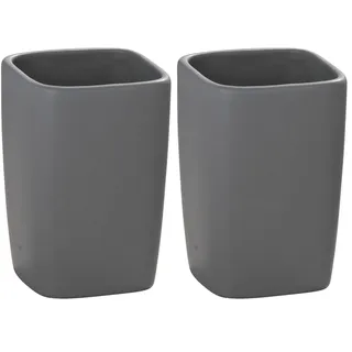WENKO Zahnputzbecher Faro Grey - Zahnbürstenhalter für Zahnbürste und Zahnpasta, Keramik, 7.5 x 10.7 x 7.5 cm, Grau (Packung mit 2)