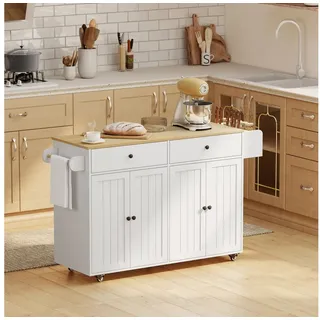 Homcom Kücheninsel Küchenwagen auf Rollen mit 2 Schubladen, 2 Schränke, Rollbar Küchenschrank mit Gewürzregal, Handtuchhalter, Messerhalter, Servierwagen Weiß - Weiß