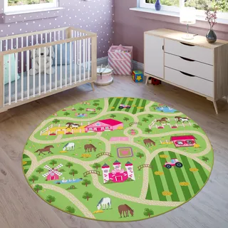 Paco Home Kinderteppich »Bino 560«, rund, 4 mm Höhe, Kurzflor, Straßen-Spiel-Teppich, Motiv Bauernhof, Kinderzimmer Paco Home grün Ø 200 cm   1 St.