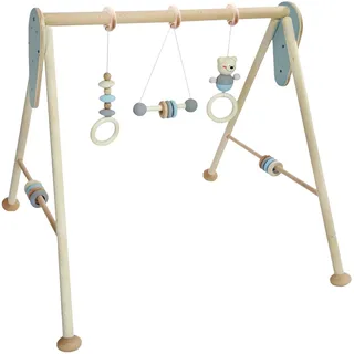 Hess Holzspielzeug 20035 - Spielgerät aus Holz, Nature Serie Bär in Blau, für Babys, handgefertigter Spiel-Bogen mit Figuren und Rasseln, ca. 62 x 57 x 54,5 cm groß