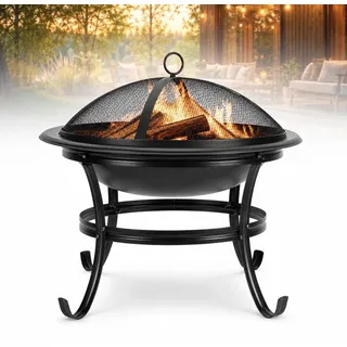Peviasot Feuerschale Ø 55 cm mit Funkenschutz, Grillrost und Schürhaken, Outdoor Feuerstelle aus Eisen für Garten und Terrasse, Schwarz