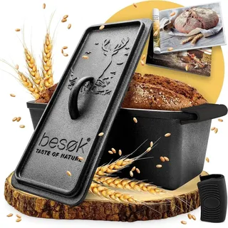 besok Brotbackform mit Deckel inkl. Rezeptheft - 28cm Gusseisen Backform Brot backen Zubehör - Kastenform Brot, Toastbrot Backform, Kasten Brotform,