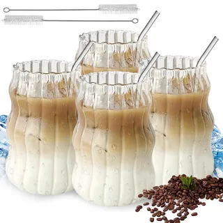 4 Stück Latte Macchiato Gläser: 500ml Cappuccino Kaffeegläser Gläser Set Becher mit 4 Strohhalm und 2 Strohbürste, Kaffee Gläser Teegläse Geriffelte Gläser Dessertgläser Glas, Spülmaschinenfest