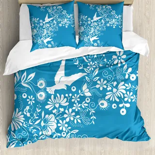 ABAKUHAUS Blau Bettbezug, Blumen fliegen Tauben Asian, Milbensicher Allergiker geeignet mit Kissenbezügen, 155 cm x 220 cm - 80 x 80 cm, Blau Weiss - Blau