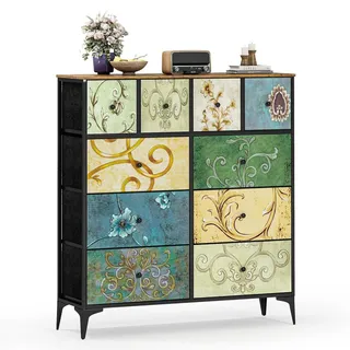 Kommode mit 10 Stoffschubladen, Stahlrahmen, Sideboard für kleine Räume, 98x30x75 cm