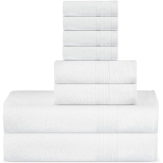 SweetNeedle 8er Handtücher Set aus Premium-Baumwolle, weiß – 2 Badetücher, 2 Handtücher und 4 Waschlappen