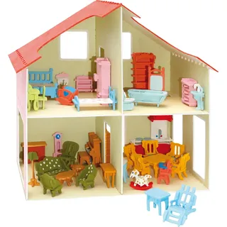 Holzbau Puppenhaus + Möbel 40x37cm