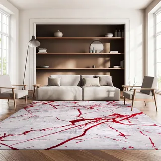 SAFAVIEH Zeitgenössische Teppich für Wohnzimmer, Esszimmer, Schlafzimmer - Amelia Collection, Kurzer Flor, Grau und Rot, 183 X 274 cm