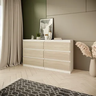 Moderne Kommode CLASSIC - Sideboard 120cm mit 6 Schubladen & Grifflosen Fronten (Weiß + Eiche Sonoma) - Weiß, Bronze