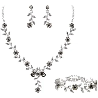 Clearine Damen Hochzeit Schmuck Set für Party Prom Blatt Cluster Blume Kristall Anhänger Halskette baumeln Ohrringe und Armband für Grau Silber Ton