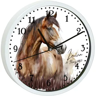 CreaDesign, Wanduhr Kinder personalisiert mit Name, Motiv Wanduhr mit weißen Rahmen Pferd, Rahmen Wanduhr weiß, Ø 19,5 cm