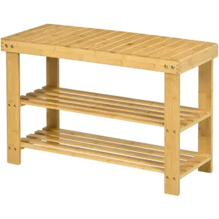 HOMCOM Schuhbank aus Bambus mit Sitzfläche 70 x 28 x 45 cm Naturholz | Schuhregal, Sitzbank mit Stauraum, 2 Ablagen, Flurbank, für Wohnzimmer, Flur