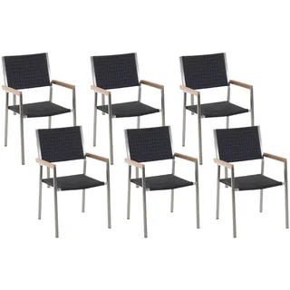 Beliani Gartenstuhl 6er-Set Rattan Edelstahl Grosseto , Schwarz, Silberfarben , Kunststoff , 55x87x58 cm , Gartenmöbel, Gartensessel, Gartenstühle