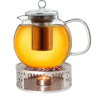 Creano Teekanne 1,7l + EIN Stövchen aus Edelstahl, 3-teilige Glasteekanne mit integriertem Edelstahl Sieb und Glasdeckel, ideal zur Zubereitung von losen Tees, tropffrei