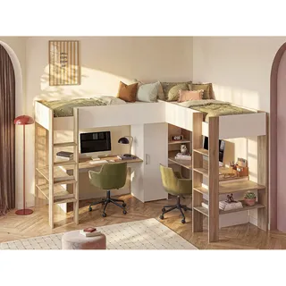 Doppel-Eckhochbett mit Stauraum & Schreibtisch - 2 x 90 x 200 cm - Weiß & Holzfarben - LASCANO