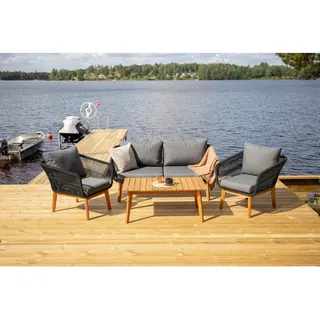 Gardenson Loungegarnitur , Schwarz, Akaziefarben, Dunkelgrau , Holz, Metall, Textil , 4-teilig , Akazie , rund , Gartenmöbel, Loungemöbel, Loungegarnituren