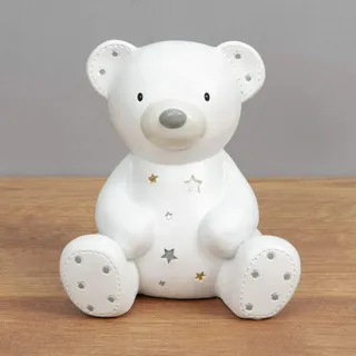 Widdop & Co. Bambino Spardose aus Kunstharz, Weiß, 12 x 11 x 9 cm, Teddybär mit Kristallsternen, Babygeschenk zur Taufe, Babyparty
