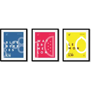 Bild QUEENCE "Set Fruity", bunt (farbe rahmen: schwarz, farbe bild(er): gelb, rot, blau), B:30cm H:40cm, Acrylglas, Holz, Papier, Bilder, Bild, gerahmt