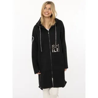 Kurzmantel ZWILLINGSHERZ "Alissa Shiny", Damen, Gr. L/XL, schwarz, Sweatware, Obermaterial: 50% Baumwolle, 50% Polyester, bedruckt, bestickt, unifarben, bequem ca. Mitte Oberschenkel, ohne Ausschnitt, gerader Abschluss, Mäntel Kurzmantel, Kapuze, Reißverschluss, glänzender Print, bedrucktes Band