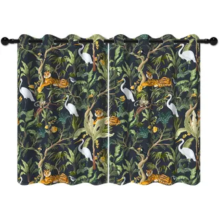 YONGFOTO 140x229cm Dschungel Safari Verdunkelungsvorhänge für Schlafzimmer Grün Tropischer Wald Wildtiere Tiger Kranich Tiere Bäume Fensterbehandlungen für Kinderzimmer, 2 Paneele mit Ösen