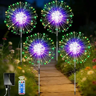 yowin Solarleuchten für Außen 4 x 120 LED Garten Solarlampen mit Fernbedienung, 8 Modi Feuerwerk Gartenleuchten Wetterfest Pusteblume Gartenstecker für Balkon Blumenkästen Terrassen Deko - Mehrfarbig