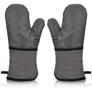 Ofenhandschuh Hitzebeständig Topfhandschuhe Topflappen Handschuh,Backofen Handschuhe,Grillhandschuhe Backhandschuhe Kochhandschuhe Anti-Rutsch Silikon Beschichtet Lang Oven Gloves (Grau)