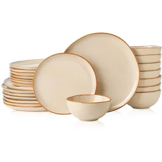 HIKAA Steingut Geschirrset 8 Personen 24 tlg. Beige Formschale Teller Set | Schlichter Landhausstil Steingut Geschirr Set, Glatte Oberfläche, Tafelservice 8 Personen, Tellerset für Alltag, Feiern