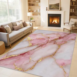Generisch Fußmatte Rosa Marmor 60x90 cm, Teppich Gold Textur Moderne Weicher Waschbarer Antirutsch Kurzflor Carpet für Eingangsbereich Bettvorleger P-&42