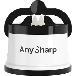 AnySharp Pro Messerschärfer & Messerschleifer aus Metall mit PowerGrip Saugnapf, Premium Wolframkarbid-Schärfsystem, für Küchenmesser, Wellenschliff & gehärteten, Professionelle Qualität, Weiß