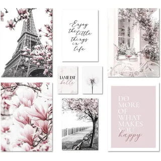 ARTFAVES® Poster Set - SPRING IN PARIS - mehrteilige Wanddeko Wohnzimmer & Schlafzimmer - 8 moderne Wandbilder Frühling, schwarz weiß, rosa, Fashion - ohne Bilderrahmen