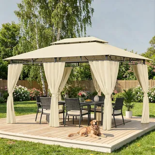 Hawthyhome Pavillon 3x4 Wasserdicht Stabil, Gartenpavillon Doppeldach, Partyzelt mit Seitenwänden, UV-Schutz 50+, Metallrahmen Pavillon für Garten Terrasse Party, Beige