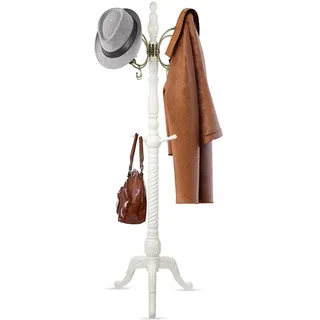 Lzqphantom Garderobenständer Mit 12 Metallhaken und 3 Holzhaken Standgarderobe Kleiderständer Weiß holz Massiv Geeignet für Wohnzimmer Schlafzimmer Büro Kleidung Geschäft Coat Stand