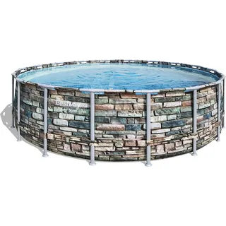 Bestway® Power SteelTM Aufstellpool Komplett-Set mit Filterpumpe Ø 549 x 132 cm Steinwand-Optik (Naturstein), rund - Silber