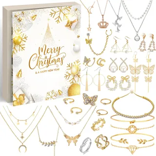 Adventskalender Schmuck 2025 Weihnachtskalender Frauen Mädchen,24 Überraschungen Armband Halskette Ohrringe, Damen Schmuck Set, Weihnachtsgeschenke für Frauen Mädchen Teenager Kinder (Weißgold)