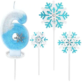 Glitzernde Zahlenkerze 6 mit Schneeflocken-Deko –Geburtstagskerze für Mädchen, Kerze 6 Geburtstag Kinder, Kerzen für Kuchen, Blau-weißer 3D-Glitzer & Tropfschutz