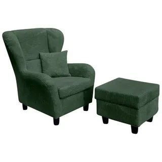 luma-home Ohrensessel mit Hocker, hoher Sitzkomfort durch Wellenunterfederung B90/H98/T76 cm, Cord Dunkelgrün / 18018 , Textil , Füllung: Polyurethan (Pur) , einzeln stellbar,Quadratisch , 90x98x76 cm , Wohnzimmer, Sessel, Ohrensessel