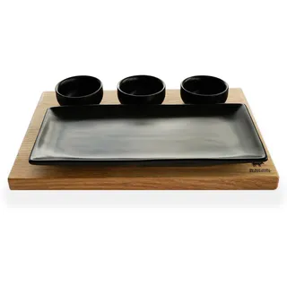 BEEFSTONE Beilagen Brettchen aus Bambus mit 3 Dipschälchen und 1 Beilagenplatte, geeignet als Snackschalen, Saucenschälchen und als Servierschalen-Set