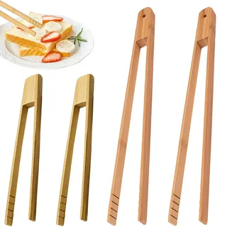 BAHME 4 Pcs holzzange, grillzange holz, holz grillzange, holzzange küche, Grillzange Holz Natur aus unbehandeltem Buchenholz, geleimt, Holzzange zum Grillen geriffelt mit festem Griff